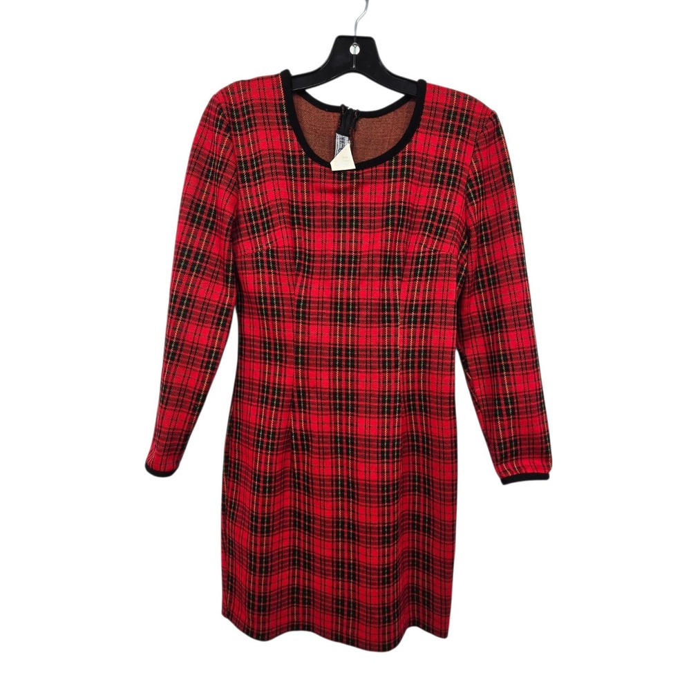 Vintage 80s Tartan Plaid Mini Dress Womens 3/4 Red Preppy Academia Holiday USA